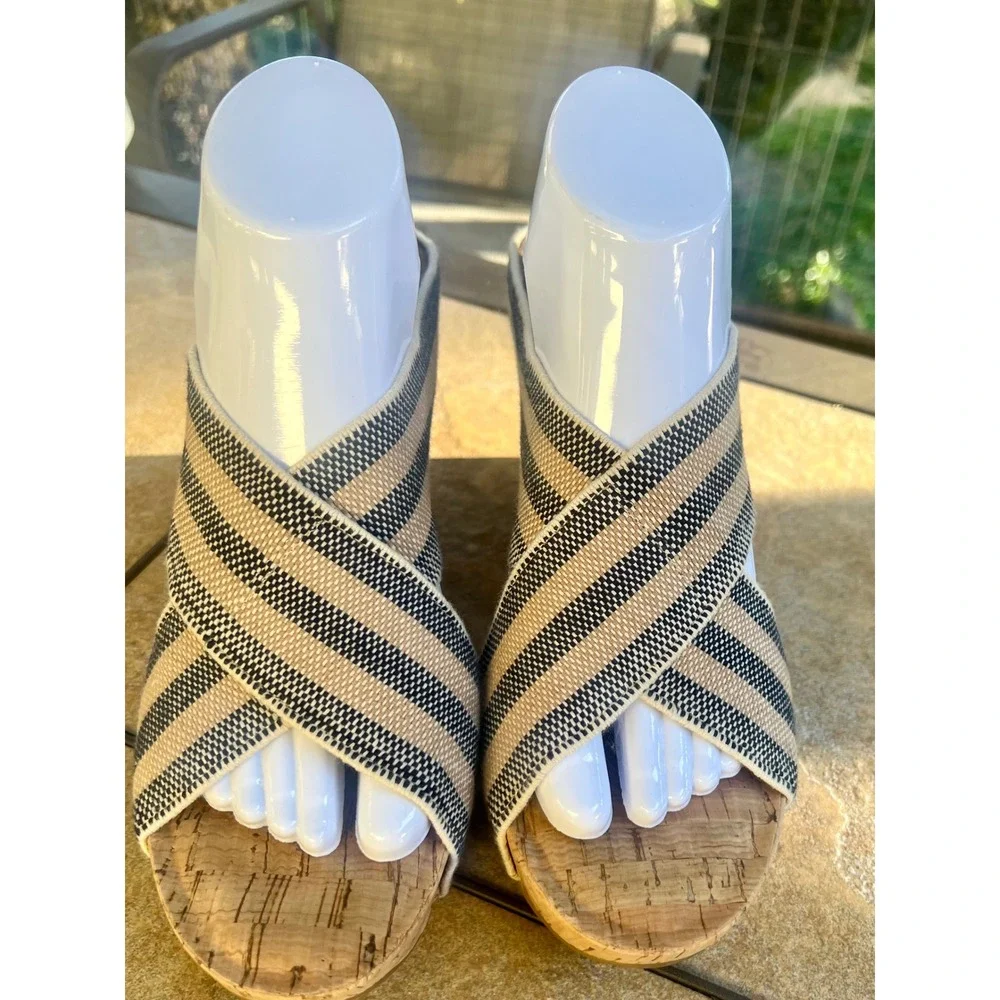 Lucky Brand Womens Striped Elastic Cork Wedge Sandals Navy Tan Studded Slides